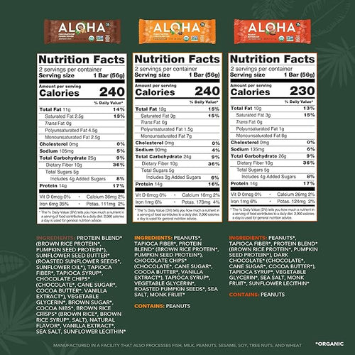 ALOHA Organic Plant Based Protein Bars - 3 Flavor Variety Pack - 12 Count 1.98oz Bars - Vegan Snacks Low Sugar Gluten-Free Low Carb Paleo Non-GMO Stevia-Free No Sugar Alcohol Sweeteners