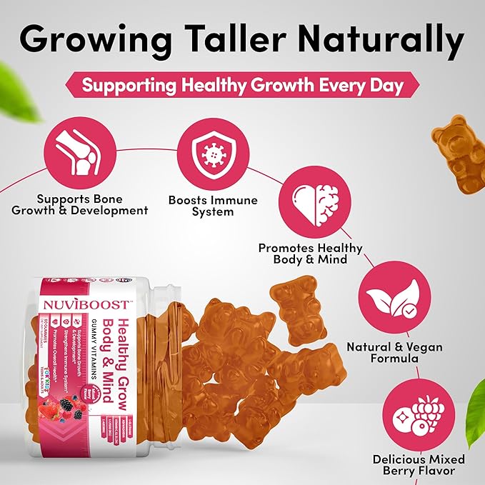 Healthy Grow Height Growth Gummies Rich in Calcium Vitamins C D3 K2 L-Arginine Ashwagandha and Others Boost Bone Health &amp Immunity Multivitamin for Kids 5+ Teens and Adults.