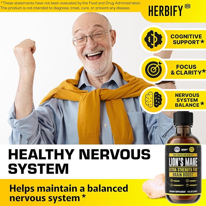 HERBIFY Lions Mane Supplement - Daily Mushroom Supplement for Memory Focus &amp Clarity - Brain Booster - Lions Mane Tincture for Immune Support - 4 Fl oz