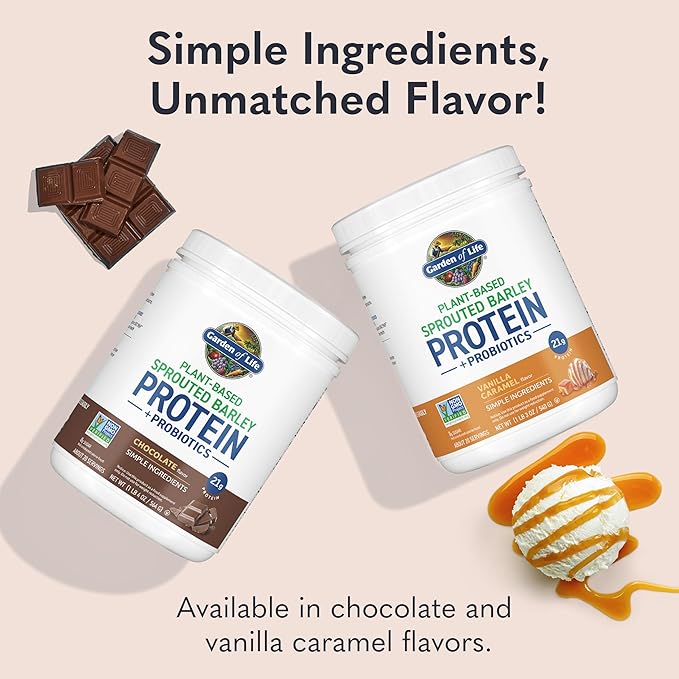 Garden of Life Plant-Based Sprouted Barley Protein Chocolate with 21g Protein 0g Sugar &amp Clean Ingredients Upcycled Barley Probiotics Non-GMO use in Shakes Smoothies &amp Baking 20 Servin