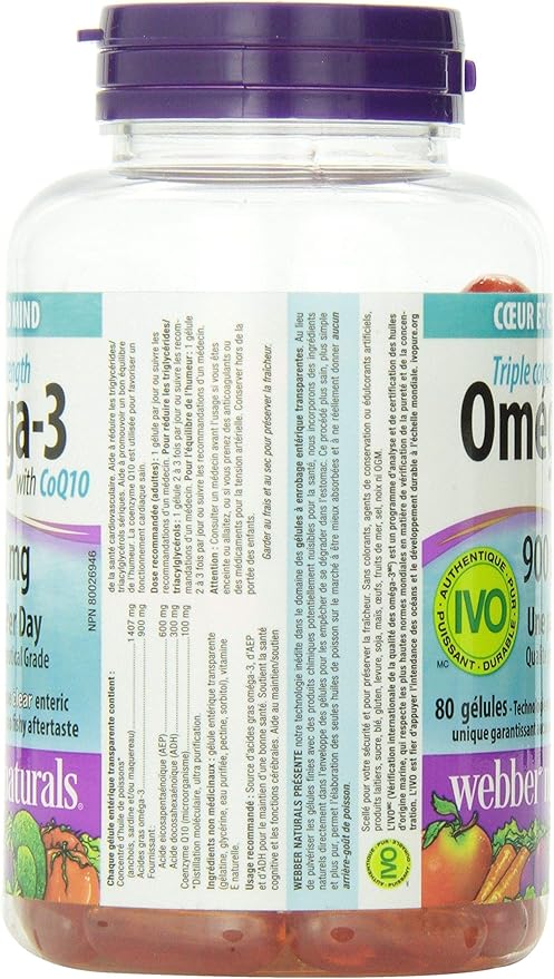 Webber Naturals Triple Strength Omega-3 with CoQ10 enteric coated 900 mg Omega-3 (EPA ? DHA)/ 100 mg CoQ10 80caps by Webber Naturals