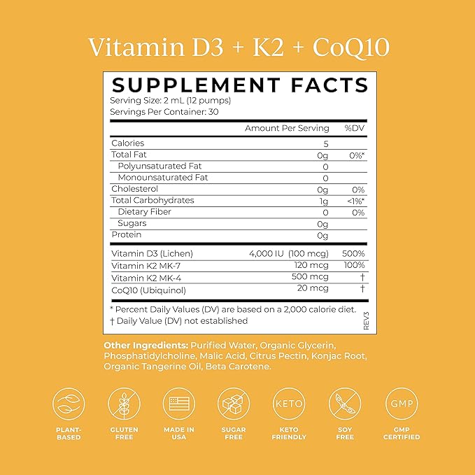 CYMBIOTIKA Vitamin D3 + K2 + CoQ10 Liquid Vitamin D Supplement for Immune Support Heart Health &amp Bone Health Energy Booster Liposomal Delivery Vegan Keto Ingredients Tangerine Flavor