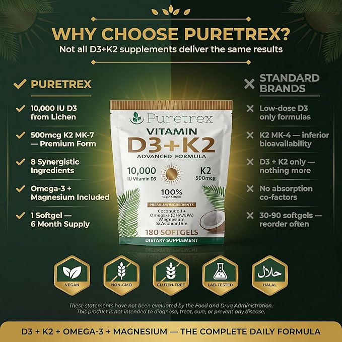 Vitamin D3 10000 IU + K2 MK-7 (500mcg) | High-Strength Vegan D3 from Lichen | Omega-3 DHA/EPA Astaxanthin Black Seed Oil &amp Algal DHA | Immune Bone Heart &amp Muscle Support | 180 Softgels