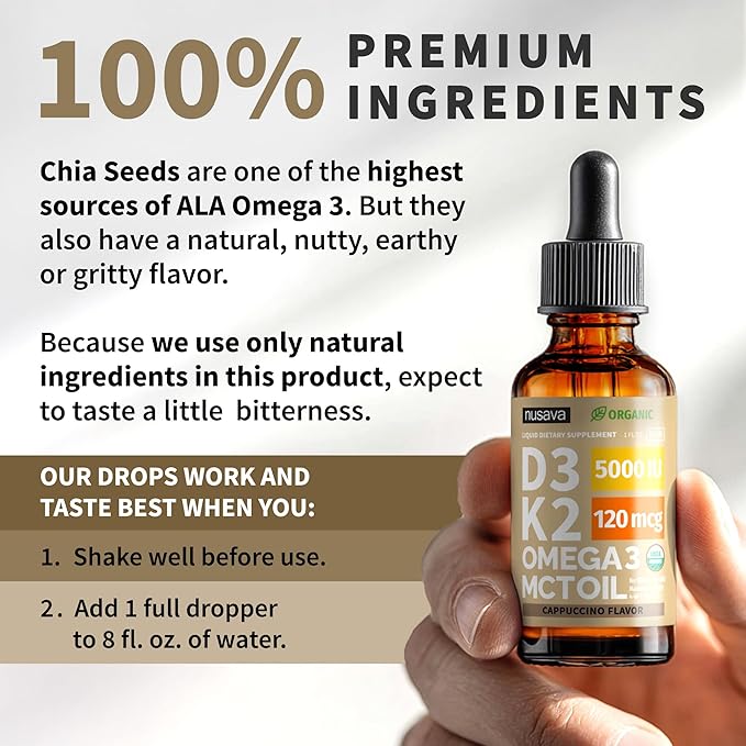 (2 Pack) Organic Vitamin D3 K2 Drops with MCT Oil Omega 3 5000 IU Maximum Strength Vitamin D Liquid No Fillers Non-GMO Liquid D3 for Faster Absorption Immune Support (Peanut Butter 2 Fl Oz)