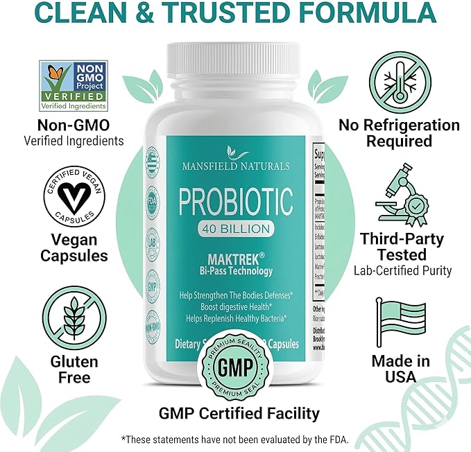 Probiotic Supplement 40 Billion CFU 60 Capsules Gut Health &amp Immune Support Shelf Stable