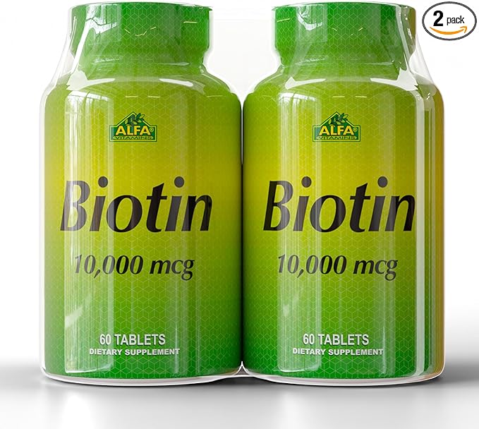 ALFA VITAMINS Biotin 10000 mcg High Potency Vitamin B7 Supplement for Hair Skin &amp Nail Support – 60 Tablets (2-Pack)