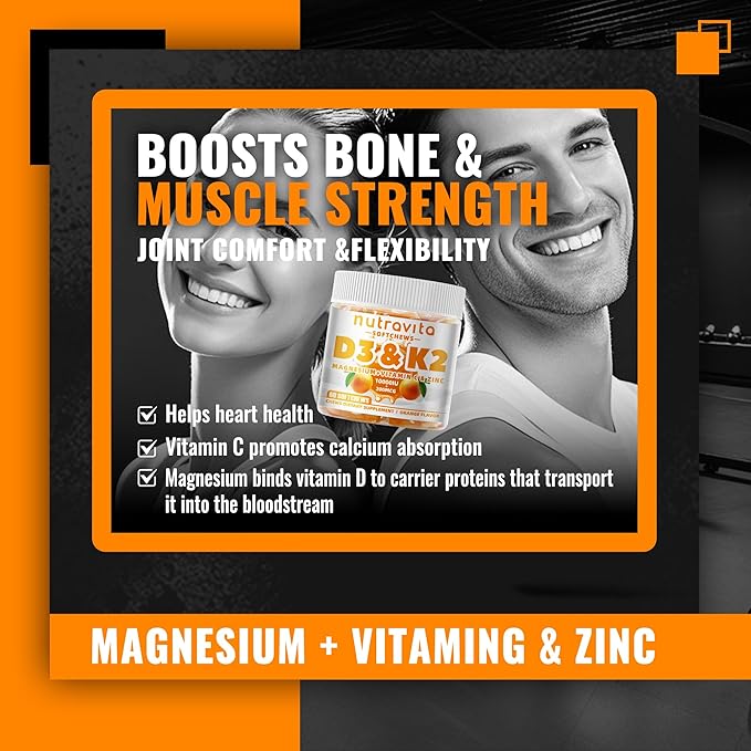 Nutravita Sugar-Free Vitamin D3 K2 Chews with Calcium + K2 (MK-7) Magnesium Citrate Vitamin C Extra Strength - Ultimate Absorption for Bone Muscle Teeth Immune Vegan - 60 Count-Orange Flavor