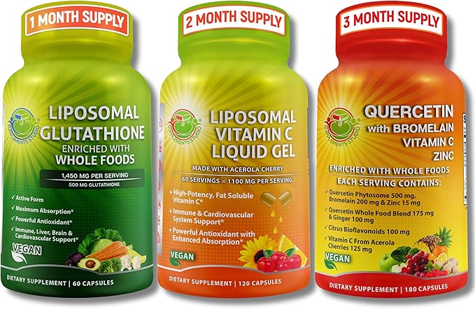 Daily Immune &amp Antioxidant Support Bundle – Liposomal Vitamin C 1100mg Liquid Gel + Liposomal Glutathione 500mg + Quercetin with Bromelain Zinc &amp Whole Food Blend – Non-GMO Maximum Absorptio