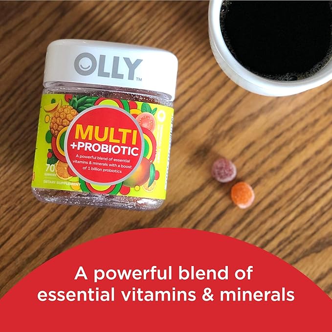 OLLY Multi + Probiotic Adult Multivitamin Gummy 1 Billion CFUs Digestive &amp Extra Strength Daily Energy Gummy Caffeine Free 1000mcg Vitamin B12 CoQ10 Goji Berry