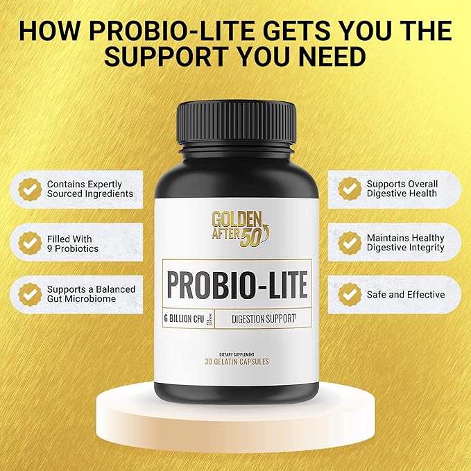 Golden After 50 Probio-Lite - for Gut Health and Digestion Support - Probiotics for Men and Women - 30 Gelatin Capsules - Probiotics for Occasional Heartburn Gas Indigestion