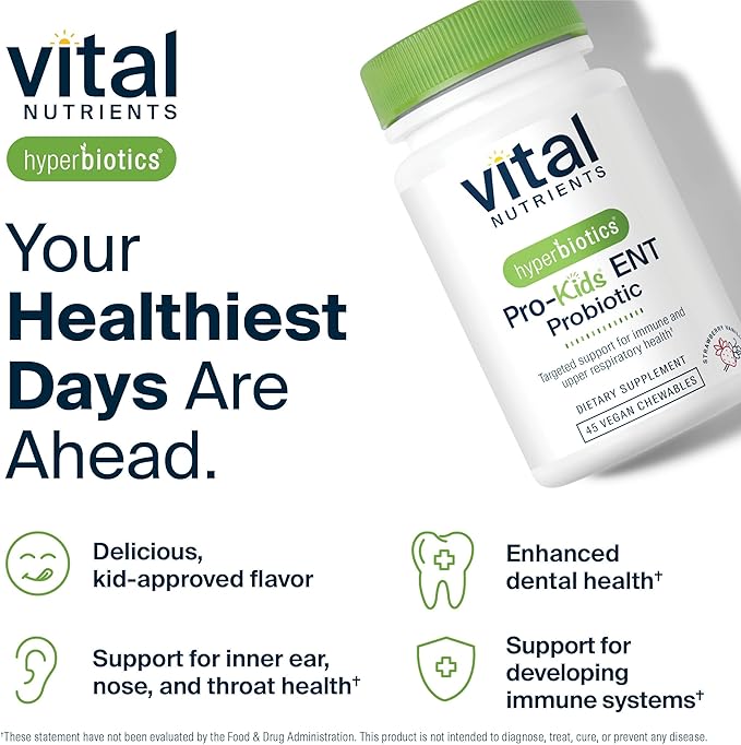 Hyperbiotics Vital Nutrients Pro Kids Probiotic ENT | Toddler Probiotics for Kids Ear Nose and Throat | Targeted Immune and Digestive Health | Strawberry-Vanilla 45 Sugar-Free Chewable Tablets