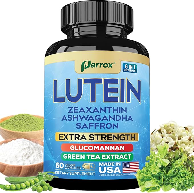 Lutein Supplement with Zeaxanthin Ashwagandha Saffron Green Tea Extract Glucomannan Eye Vitamins for Adults Vision Health Supplement Plant-Based Formula for Daily Support (60 Caps)