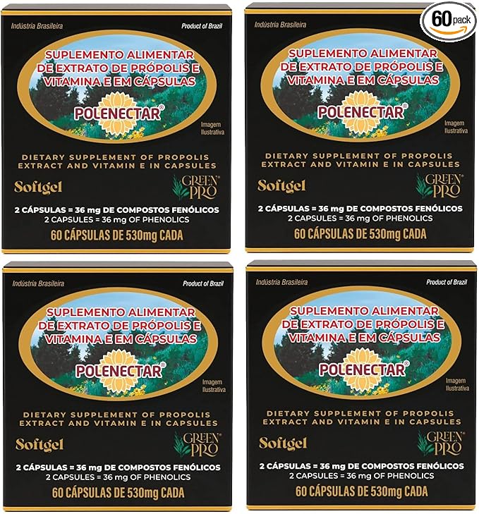 4 Boxes of Polenectar Brazil Green Bee Propolis 300 Milligram (60 Softgels)