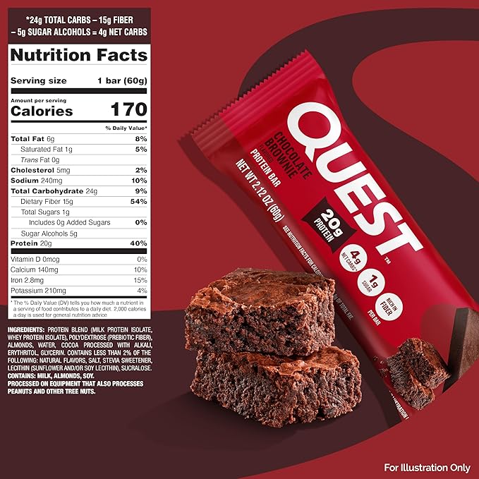 Quest Nutrition Chocolate Brownie Protein Bar 20g Protein 1g Sugar 4g Net Carb High Fiber Gluten Free Gluten Free 12 Count