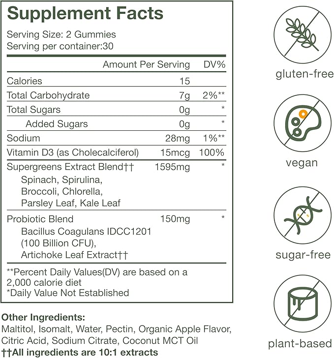 Greens Superfood Gummies Boost Energy Gut &amp Immune Support Sugar-Free Vegan with Broccoli Spinach Kale Spirulina Chlorella Probiotics &amp Multivitamin Apple Flavor 60 Count