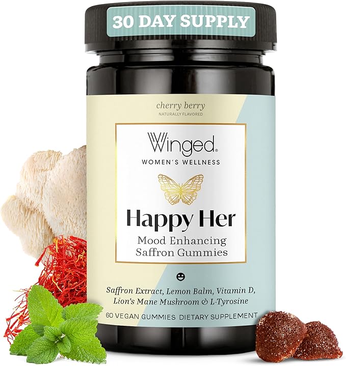 Winged Wellness Happy Her Mood Gummies - Daily Mood Enhancer Support Supplement for Women - Vitamin D with Saffron Lemon Balm &amp Lions Mane Mushrooms for Balance &amp Calming Relief - 50 Vegan G