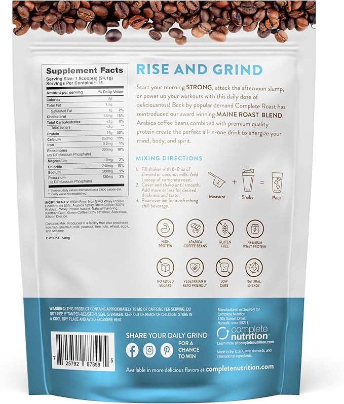 Complete Nutrition High Protein Complete Roast French Vanilla Coffee 16 g of Quality Protein 0 g Carbs Zero Sugar 1 Shots of Espresso Keto Friendly All Natural 15 Servings 12.7 Oz