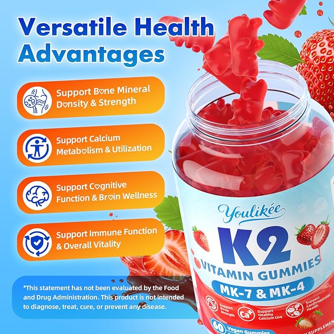 2 Pack Sugar-Free Vitamin K2 Gummies Dual Formula Vitamin K2 Supplement with MK-7 &amp MK-4 Supports Bone Health Gluten-Free Non-GMO Sugar-Free Strawberry Flavor 120 Gummies