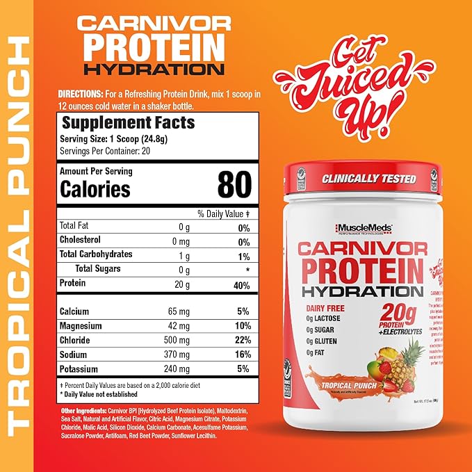 MuscleMeds Carnivor Protein Hydration Drink Powder 20g Refreshing Protein Isolate Lactose Free Sugar Free Electrolytes Muscle Building Recovery Halal Certified Tropical Punch 20 Serve
