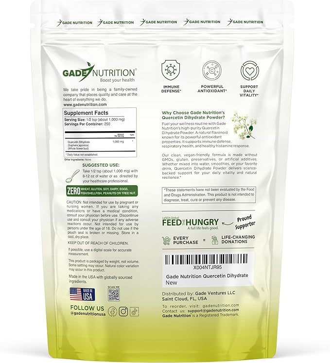 Gade Nutrition Pure Quercetin Dihydrate Powder | 98% Purity Non-GMO Gluten-Free and Dairy Free | 250g (8.8 oz) 1000mg per Serving 250 Servings | Immune Support Powerful antioxidant | USA Made