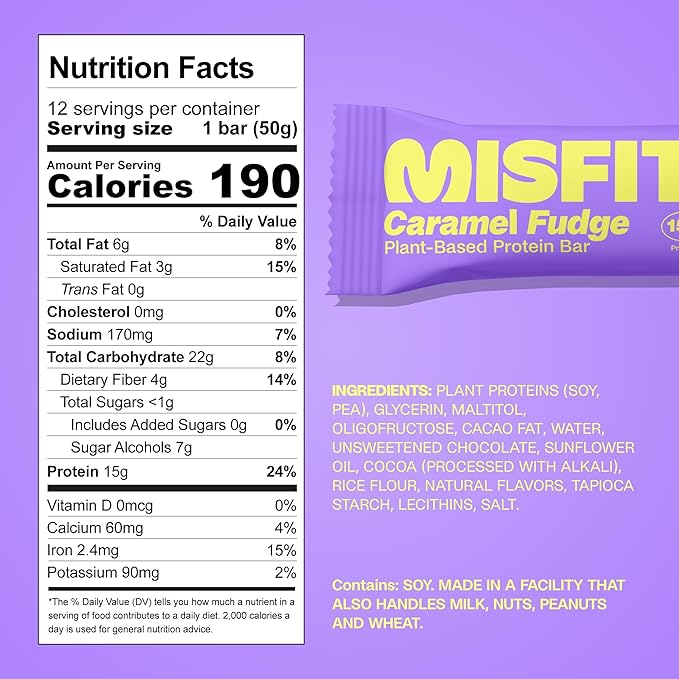 Misfits Vegan Protein Bars - Sweet Caramel Fudge | Nutrition Bars - 15g Protein 1g Sugar Plant-based Low Carb Non-GMO Gluten Free Snacks | Pack of 12