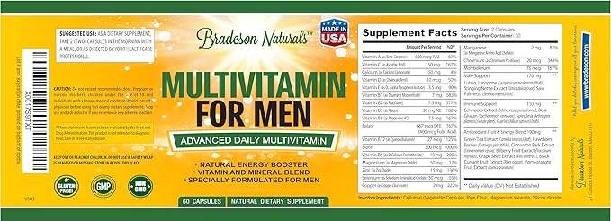 Men's Multivitamin Supplement for Energy Focus and Performance. Mens Vitamins A C D E &amp B12 Zinc Calcium Magnesium &amp More. Multi Vitamin 60 Capsules Made in The USA