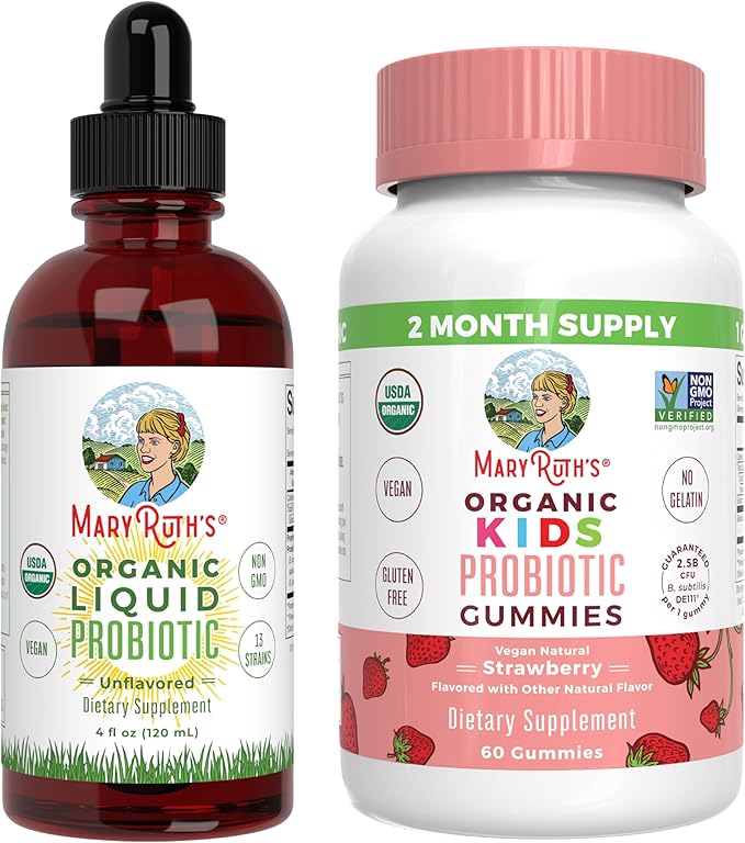 MaryRuth's Probiotic (Unflavored) &amp Probiotic Gummies for Kids (Strawberry) | USDA Organic Clean Label Project Verified® | Vegan Non-GMO Sugar-Free | Immune Support Antioxidant &amp Digestive