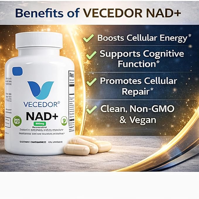 NAD+ Supplement – Cellular Energy Booster &amp Anti Aging Support Brain Focus &amp Metabolism Support Mitochondrial Health Non-GMO Vegan Capsules Resveratrol 60 Count