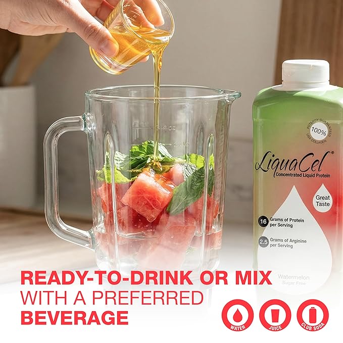 LiquaCel Concentrated Liquid Protein Watermelon Flavor Ready-to-Drink 16g Hydrolyzed Collagen Protein and 2.5g Arginine Per 1oz Serving Sugar &amp Gluten Free 32 fl oz Bottle