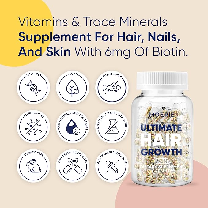 Moerie Ultimate Hair Growth Supplements for Women &amp Men - Hair Skin Nails Vitamins with Biotin &amp Minerals - for Thicker Fuller Hair &amp Hair Loss Treatment - 120 Capsules