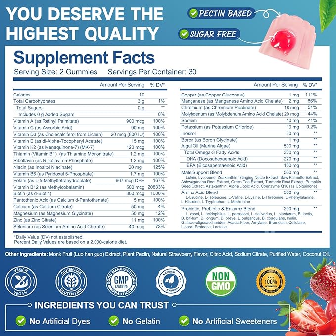 Totaria Men's Multivitamin Gummies &amp Probiotic Prebiotic Postbiotic Gummies Bundle Strawberry Flavor