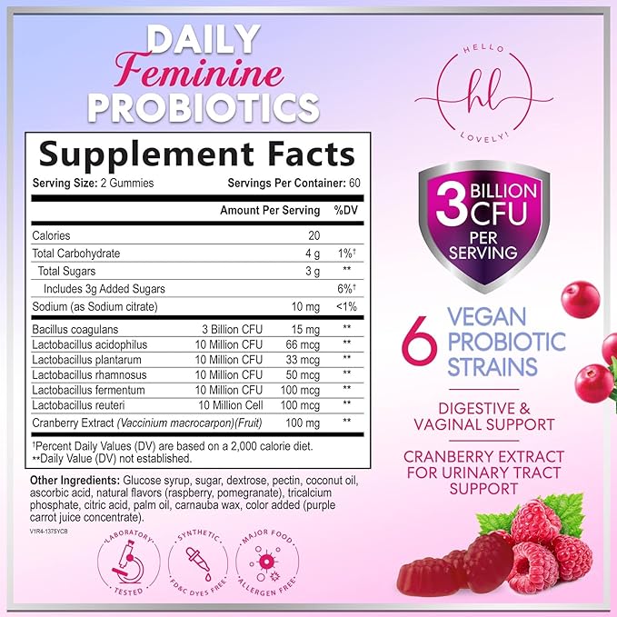 Probiotics for Women Gummies with Cranberry - 6 Premium Strains for PH Balance Digestive Health Vaginal &amp Immune Support 3 Billion CFU Women's Probiotic Gummy for Feminine Health - 120 Gummies