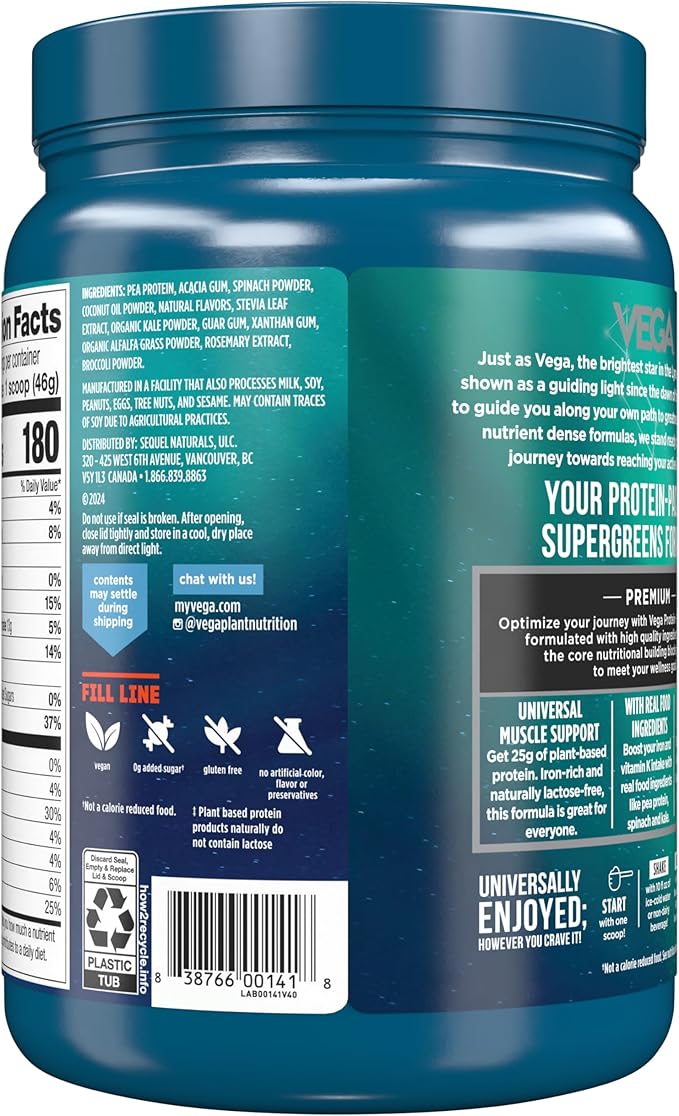 Vega Protein and Greens Protein Powder Creamy Vanilla (11 Servings) 25g Plant Based Protein Plus Veggies Vegan Non-GMO Pea Protein for Women and Men 1.2lbs