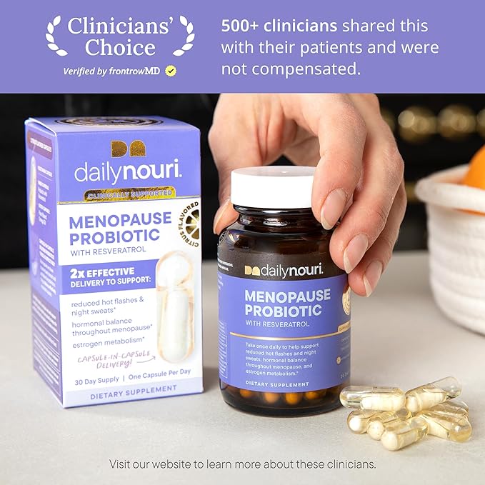 Daily Nouri Menopause Probiotics for Women | Hormonal Balance Hot Flashes Night Sweats &amp Gut Health | 3 Clinically Studied Strains + Resveratrol &amp Omega | 60-Day Supply