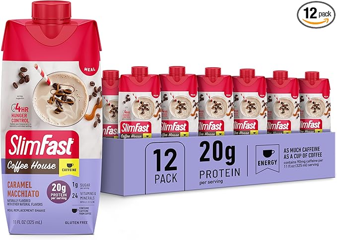 SlimFast Protein Shake with Caffeine Caramel Macchiato- 20g Protein Meal Replacement Shakes High Protein with Low Carb and Low Sugar 24 Vitamins and Minerals 12 Count (Pack of 1)