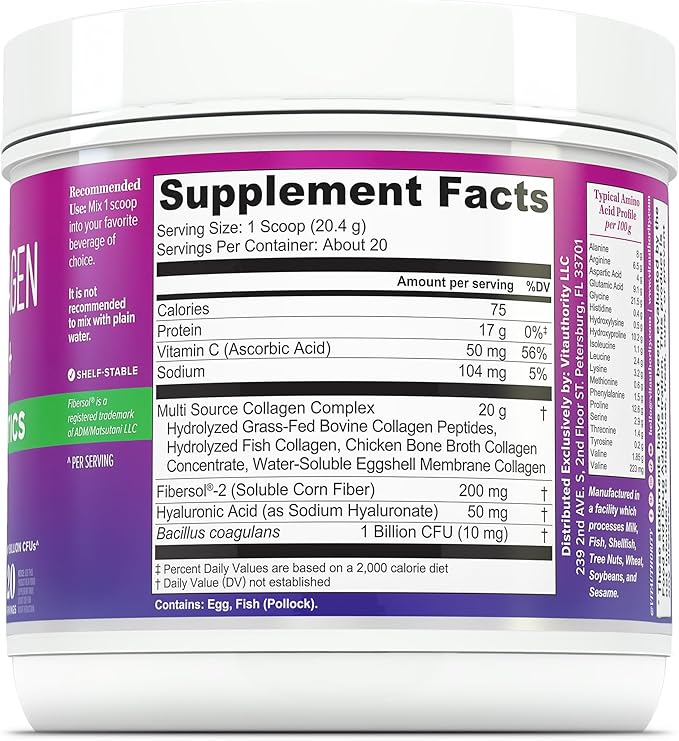Multi Collagen Probiotics for Women Prebiotics Protein Powder | 20g Collagen Peptides Hyaluronic Acid Vitamin C &amp Fibersol Prebiotic Support Skin Elasticity Digestion Gut Health Unflavored 20 Serv