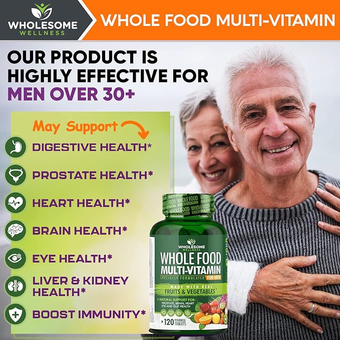 Wholesome Wellness Whole Food Multivitamin for Men - Natural Multi Vitamins Minerals Organic Extracts - Vegan Vegetarian - 120 Tablets