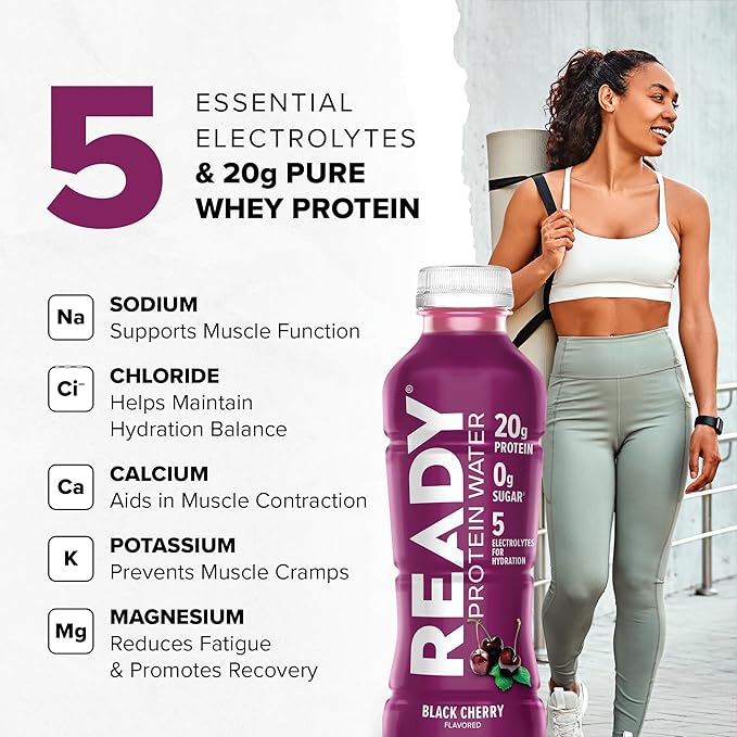 Ready® Clear Protein Water – 20g Whey Protein Isolate Zero Sugar Low-Calorie Sports Drink for Hydration &amp Recovery – Electrolytes Essential Amino Acids – Black Cherry 16.9 fl oz Bottles (12-Pa
