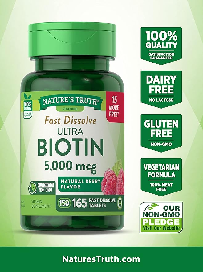 Ultra Biotin 5000mcg | 165 Fast Dissolve Tablets | Hair Skin and Nails Supplement | Natural Berry Flavor | Vegetarian Non-GMO Gluten Free | by Nature's Truth
