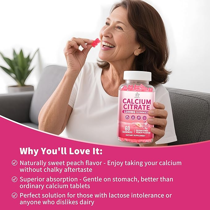 Calcium Citrate Gummies 1200 mg for Adults High Absorption Calcium Supplement for Women &amp Men Sugar Free Non-GMO Gluten Free Supports Muscle &amp Immune - Natural Peach Flavor