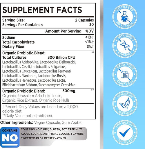 300 Billion CFU Probiotic 12 Strains with 3 Organic Prebiotics Probiotics for Women and Men Daily Supplement for Digestive Immune Gut &amp Bloating Health Shelf Stable Vegan 120 Capsule
