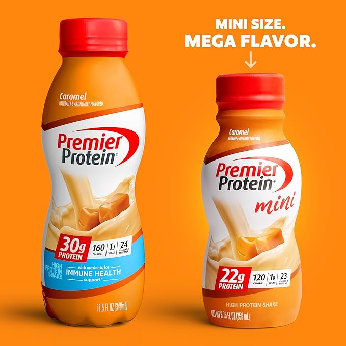 Premier Protein Shake MINIs Vanilla &amp Caramel Flavors 22g Protein 120 Calories 1g Sugar 8.75fl oz Packs of 12