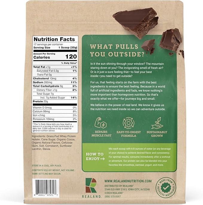 Whey Protein Isolate - Grass-Fed Protein Powder for Recovery - 22g of Protein - 17 Servings (One Size Chocolate)