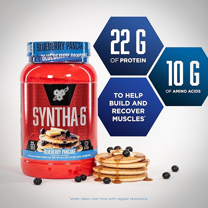 BSN SYNTHA-6 Premium Protein Powder with 6g of Fiber Whey Protein Micellar Casein Milk Protein Isolate Blend 5g Fat Blueberry Pancake 28 Servings (Packaging May Vary)