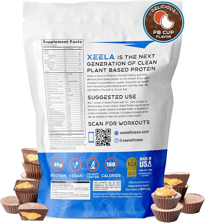XEELA Plant Based Vegan Protein Powder - Independently Tested - 25g High Protein Pea Protein for Men &amp Women - Vitamins &amp Minerals Non GMO Dairy &amp Gluten Free LowCarb &amp LowFat (Pea