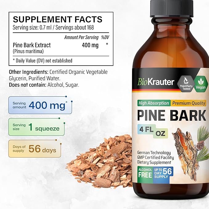 BIO KRAUTER® Pine Bark Extract for Circulatory &amp Antioxidant Support - Vegan French Maritime Pine Bark Herbal Supplements - Natural Antioxidants &amp Skin Support - 400 mg per Serving 4 Fl. Oz.