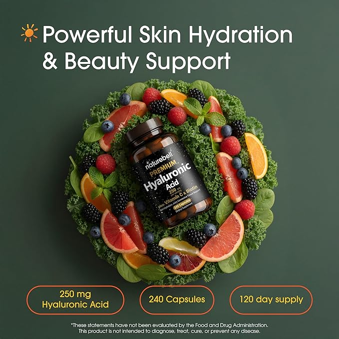 NatureBell Hyaluronic Acid 250mg - 240 Capsules - 250mg Hyaluronic Acid 5000mcg Biotin &amp 25 mg Vitamin C - Supports Skin Hair Bone Eye &amp Joint Health*