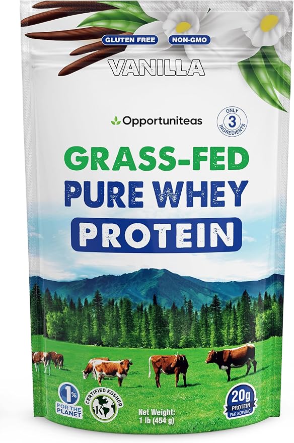 Opportuniteas Grass Fed Whey Protein Powder Concentrate - Vanilla - Pure Protein Supplement - Non GMO Hormone Free &amp Gluten Free - 1lb