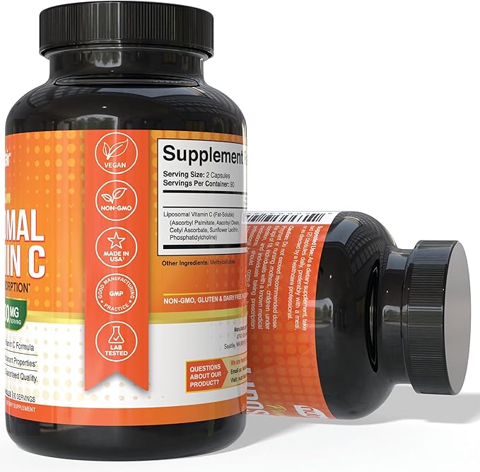 NutriFlair Liposomal Vitamin C 1700mg 180 Capsules - High Absorption Fat Soluble VIT C Higher Bioavailability Immune System Support &amp Collagen Booster Non-GMO Vegan Pills