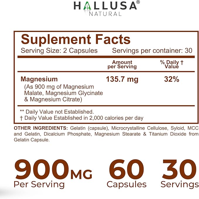 Magnesium 3 Complex Capsules 900mg Citrate Glycinate &amp Malate Muscle Support Nerve Energy &amp Relaxation Support Magnesium Complex Supplement Non GMO Gluten Free 60 Count